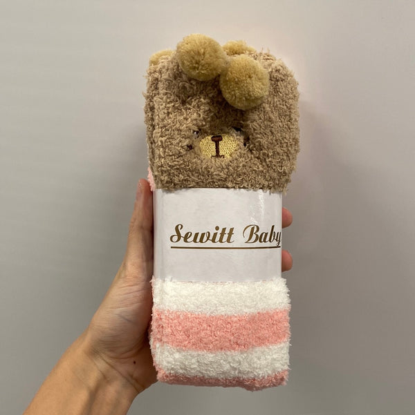 Coral Fleece Over-the-Knee Socks - Bear Pink Stripes-Socks-Asian Beauty Essentials