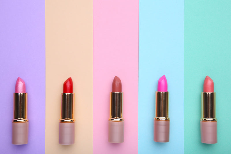 Many Colorful Lipstick Colorful Background Cosmetic — Stock Photo, Image  New Remove BG  Save  Share  Sample  A lot of different lipsticks stand on a beige and pink background